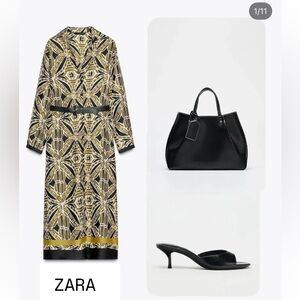 Zara Belted Printed Geometric Patterned Midi Dress - NEW
